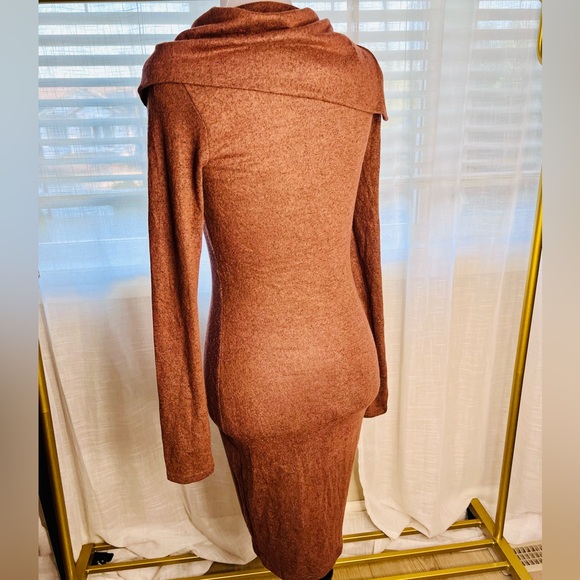 NWT Bodycon Dress Asymmetric Zip Up Design Collar Sz M Camel Color - Picture 7 of 13